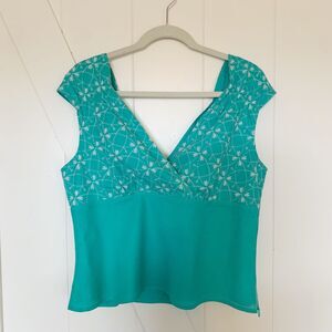 Nine West Weekend Sleeveless Teal Aqua Turquoise Eyelet Top Size 12 100% Cotton